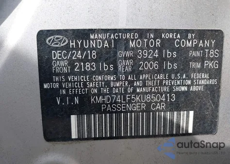 2019 Hyundai Elantra Se z USA, uszkodzony, nr VIN KMHD74LF5KU850413